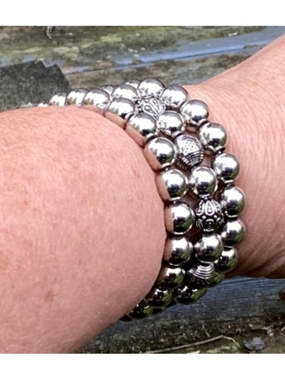 Silver-Tone Beaded Stretch Bracelet With Intricate Accents Adjustable Fit